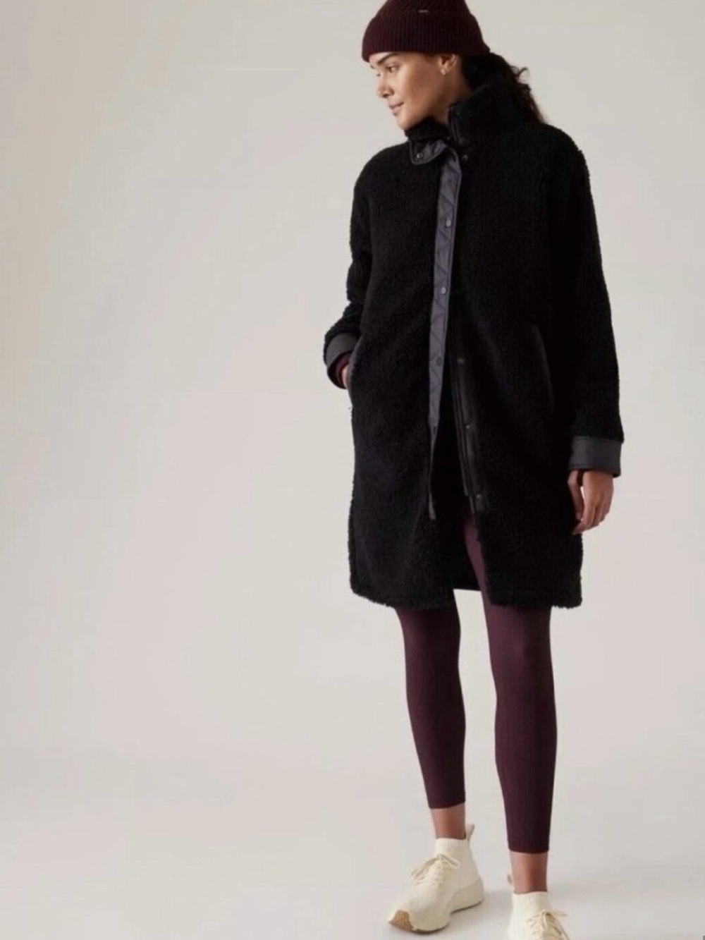 Athleta Black Long Line Sherpa / Quilted Coat